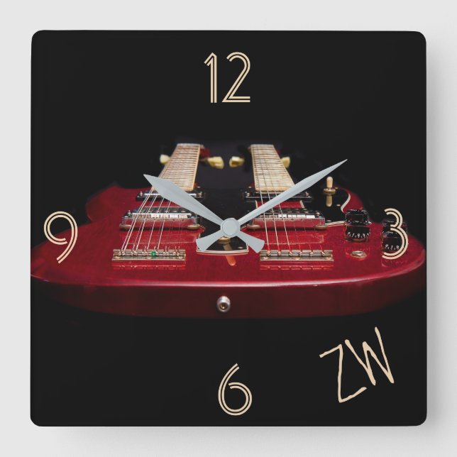 Horloge Carrée Guitare électrique rouge à double cou (Recto)