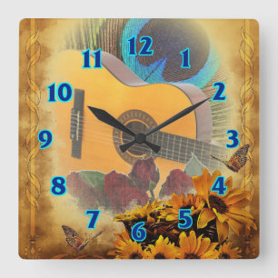 Horloge Carrée Guitare florale