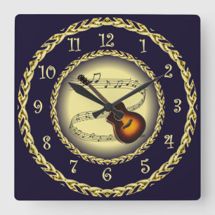 Horloge Carrée Guitare ~ Scroll musical ~ Gold/Navy Blue ~