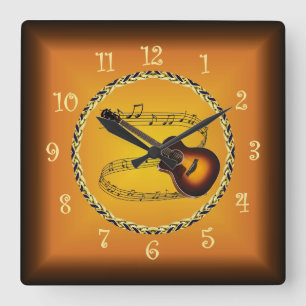 Horloge Carrée Guitare Sur Scroll Musical & Russet Orange ~