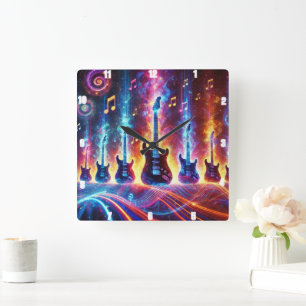 Horloge Carrée Guitares électriques entourées de notes musicales 