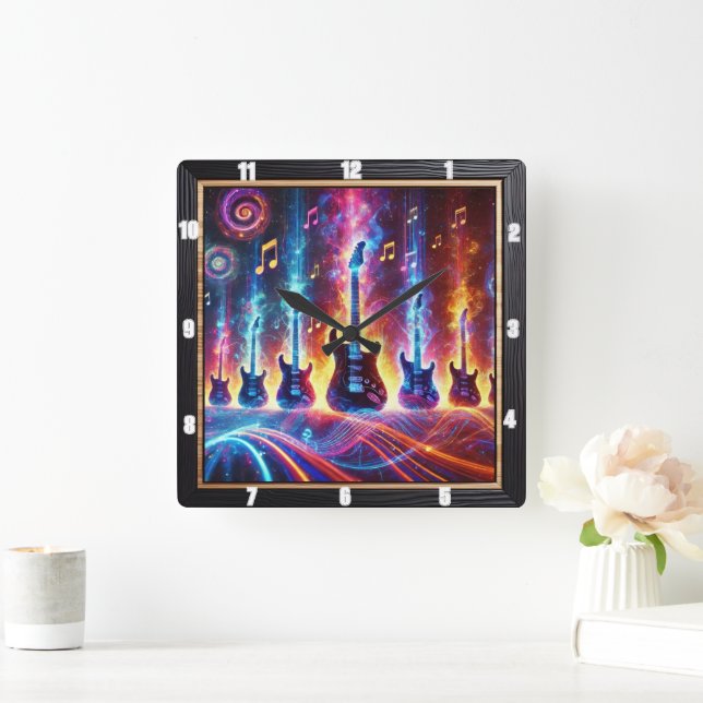 Horloge Carrée Guitares électriques entourées de notes musicales  (Maison)