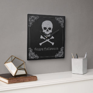 Horloge Carrée Halloween crâne et os croisés