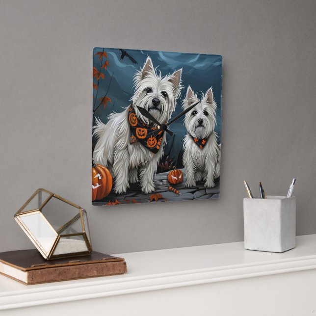 Horloge Carrée Halloween Éffrayant West Highland (Bureau)