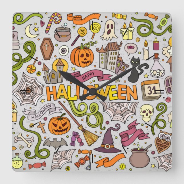 Horloge Carrée Halloween Lune Hantée Maison Carré Cloc (Recto)
