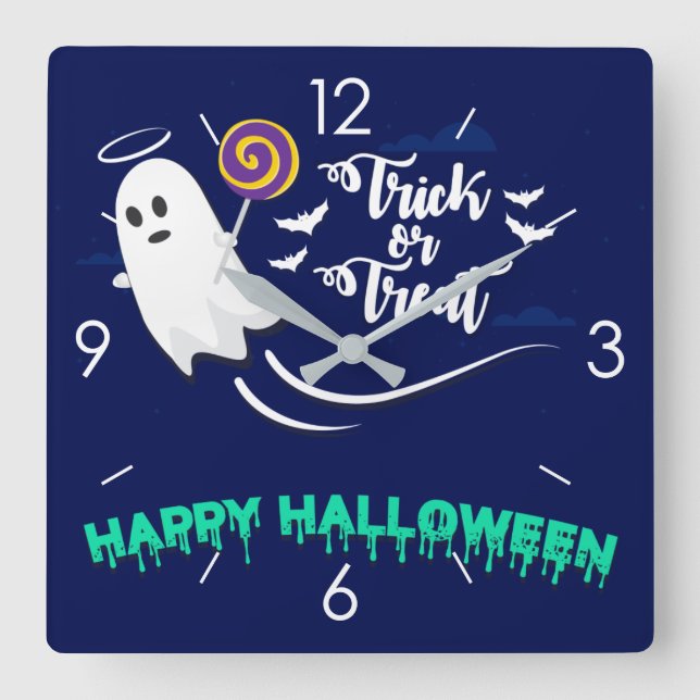 Horloge Carrée Halloween Lune Hantée Maison Carré Cloc (Recto)