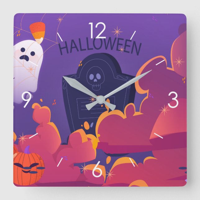 Horloge Carrée Halloween Lune Hantée Maison Carré Cloc (Recto)