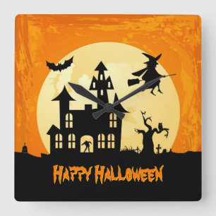 Horloge Carrée Halloween Moonlight Haunted House dans le cimetièr