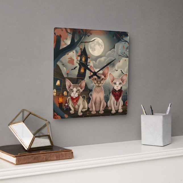 Horloge Carrée Halloween sphynx chats Éffrayant (Bureau)