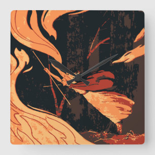 Horloge Carrée Halloween vintage, sorcière maléfique avec feu en
