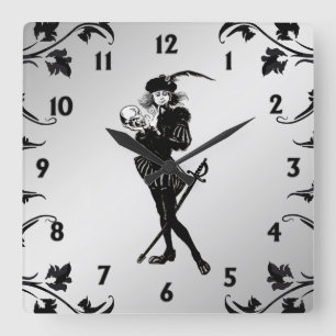 Horloge Carrée Hamlet Le Barde Argent Noir Chiffres