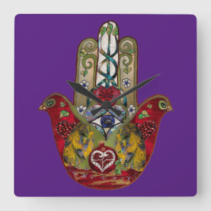 Horloge Carrée Hamsa Rouge Oiseau Cœur Grenade Rubis