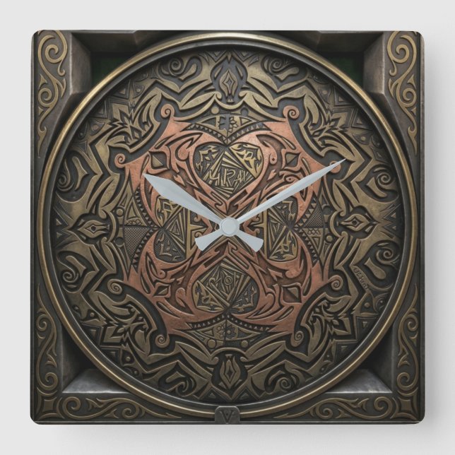 Horloge Carrée Hand-Drawn to 3D Digital: Intricate Bronze Mandala (Recto)