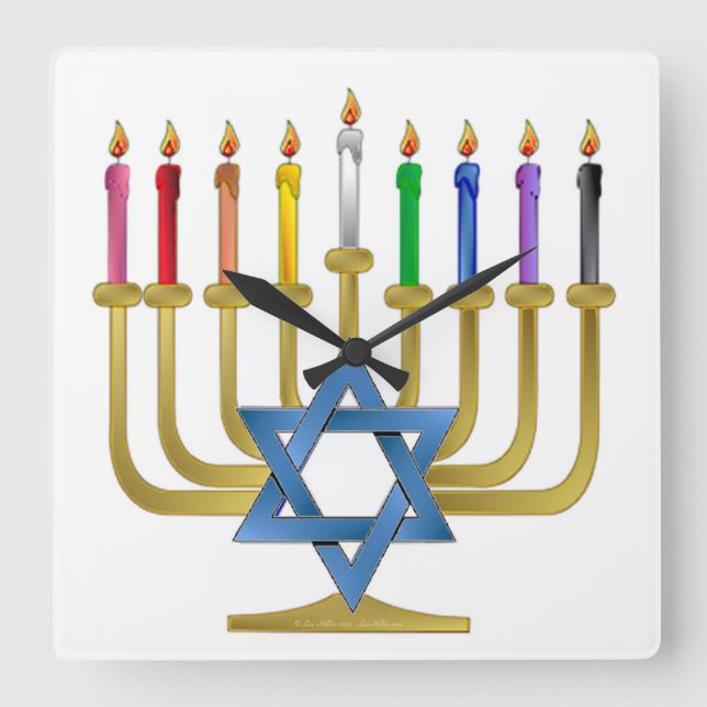 Horloge Carrée Hanoukka Rainbow Candles Gold Menorah (Recto)