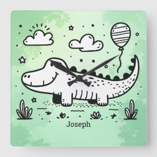 Horloge Carrée Happy Alligator avec ballon - Cute Nursery Art