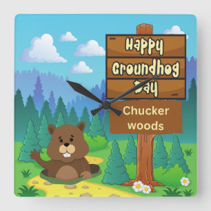 Horloge Carrée happy ground hog day in woods