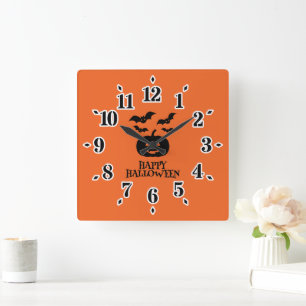 Horloge Carrée Happy Halloween Citrouille Bat Minimal