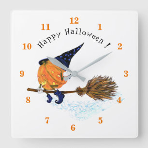 Horloge Carrée Happy Halloween sorcière Citrouille Volant Chambre