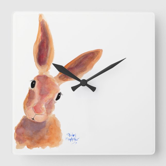 Horloge Carrée Happy Hare ' Jim Jam' par Shirley MacArthur (Recto)