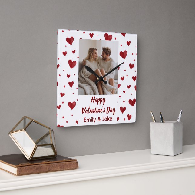 Horloge Carrée Happy Valentine's Day Custom Photo Wall Clock (Bureau)