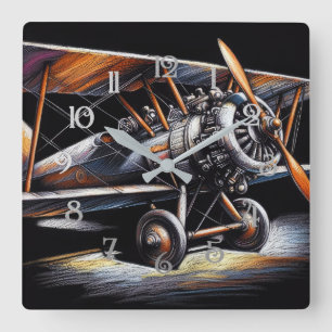 Horloge Carrée Hard Pastel Antique Biplane Avion Avion