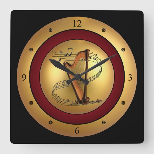 Horloge Carrée Harp~Scroll musical~Gold/Maroon/Arrière - plan noi (Recto)
