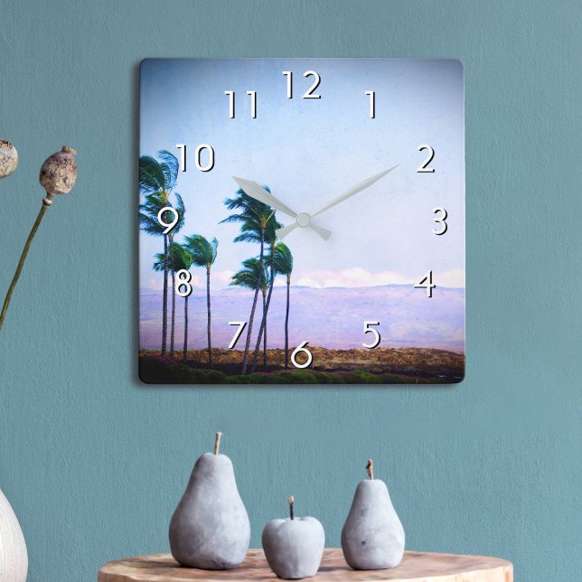 Horloge Carrée Hawaii Palm Tree Purple Paysage Photo Style (Créateur téléchargé)