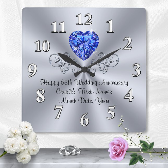Horloge Carrée Heart Sapphire 65e anniversaire Mariage idées cade (65th wedding anniversary gift ideas for parents. 65th wedding anniversary gifts for grandparents.)