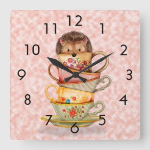 Horloge Carrée Hedgehog and Colorful Teacups on Pink Wall Clock