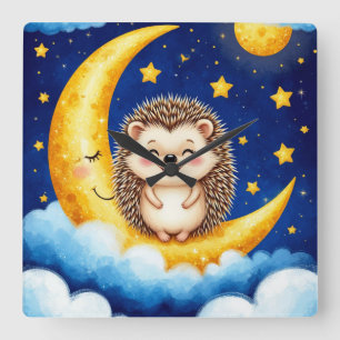 Horloge Carrée Hérisson Mignon Croissant de Lune Doré