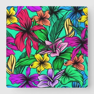 HORLOGE CARRÉE HIBISCUS COLORÉ 