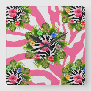 Horloge Carrée Hibiscus tropical et rayures exotiques de zèbre ro