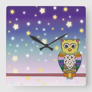 Horloge Carrée Hibou coloré mignon la nuit allumée par étoile