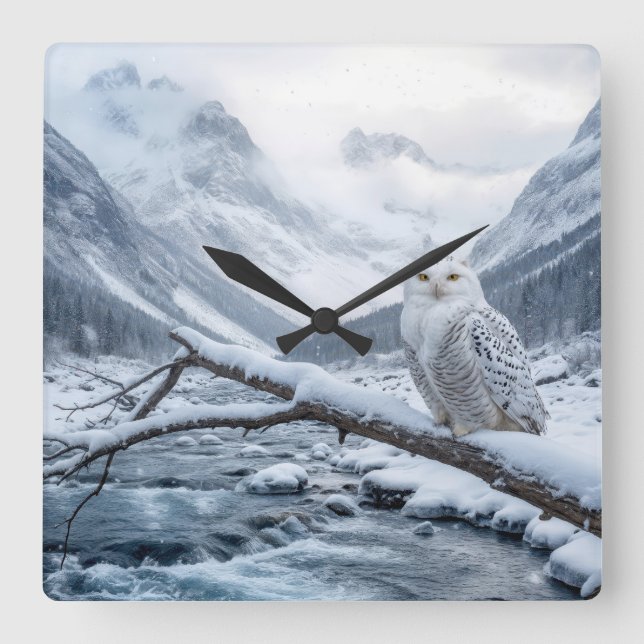 Horloge Carrée Hibou des neiges sur une branche d'arbre hivernale (Recto)