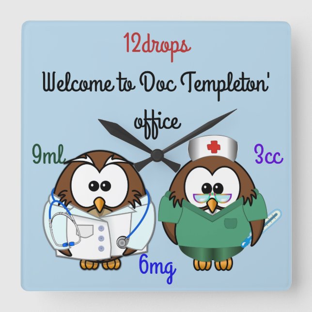 Horloge Carrée hibou infirmier et hibou doc (Recto)