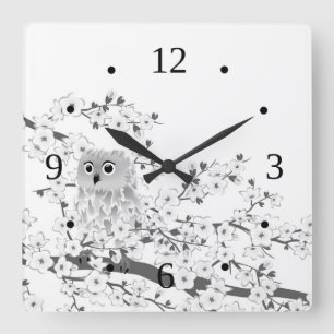 Horloge Carrée Hibou mignon et fleurs de cerisier noirs et blancs