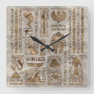 Horloge Carrée Hiéroglyphes et divinités égyptiennes - Or Vint