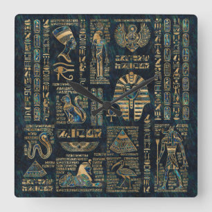 Horloge Carrée Hiéroglyphes et divinités égyptiens - ormeau et