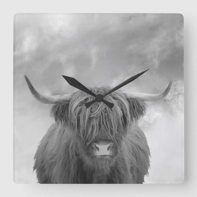 Horloge Carrée High Cow Scotland Clouds Black White (Recto)