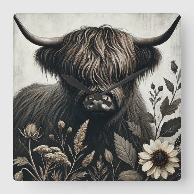 Horloge Carrée Highland Bull avec tournesol (Recto)