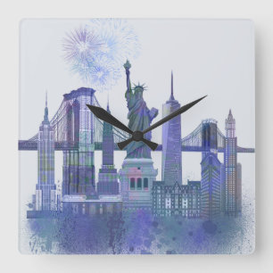 Horloge Carrée Horizon de New York - bleu d'aquarelle