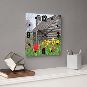 HORLOGE CARRÉE HORLOGE/ "ANCIEN CABINE DE JOURNAL ET TULIPS"