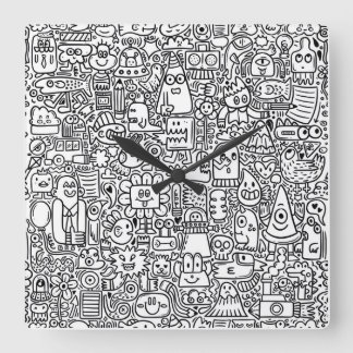 Horloge Carrée "Horloge de gribouillage noir et blanc