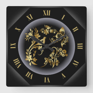 Horloge Carrée Horloge-escarcelle ~ Oiseau d'or ~ Papillons ~ Fle