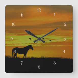 Horloge Carrée Horse and Birds à Southwestern Sunset