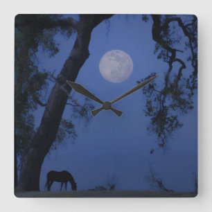 Horloge Carrée Horse and Oak Tree "Blue Moon" Clock