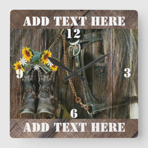 Horloge Carrée Horse Cowboy Boots Sunflowers Rustic Barque
