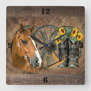 Horloge Carrée Horse Cowboy Boots Wagon Wheel Sunflowers Western