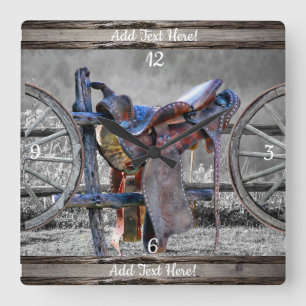 Horloge Carrée Horse Saddle Corral Fence Western Wagon 