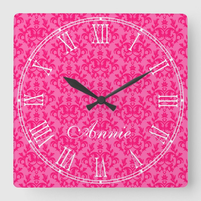 Horloge Carrée Hot pink kangaroo paw damask name wall clock (Recto)